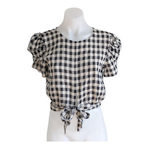 Cosmopolitan Dress the Population Size Small Gingham Top Tan Black Puff Sleeves